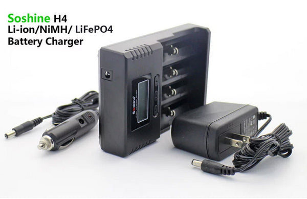 Soshine H4 LCD Smart Universal Adjustable Current Charger for 26650 18650 16340 Li-ion LiIFePO4 NiMH 1.2V C AA AAA w-Car charger