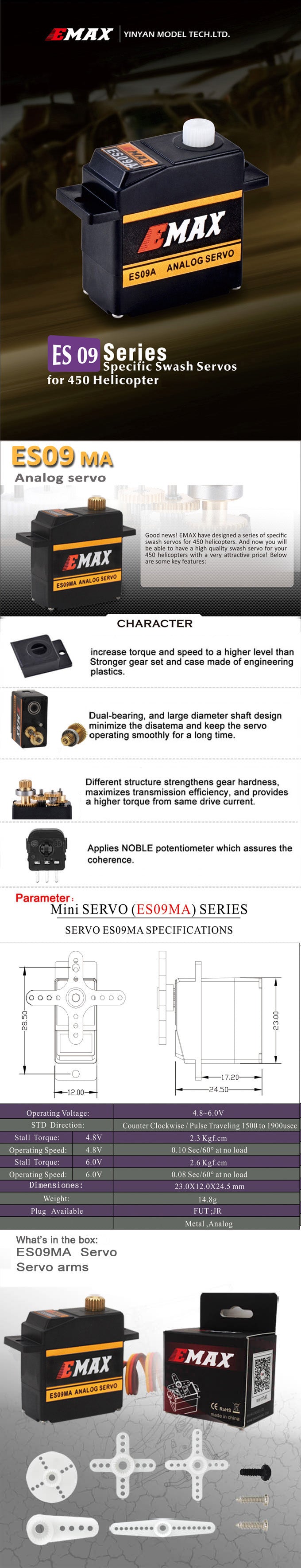 ES09MA (dual-bearing) specific swash servo for 450 helicopters official specification page 1