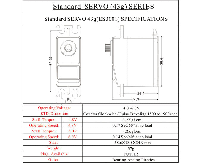 Emax ES3001 37g Plastic Analog Servo For RC Model official specification page 2
