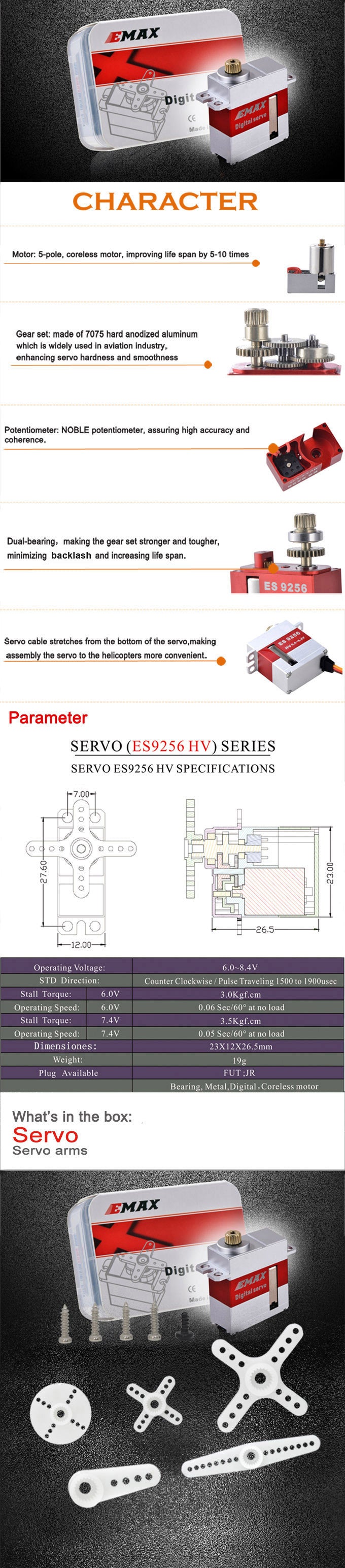 ES9256 HV all metal servo High-end swash servo for 450 helicopters official specification page 1