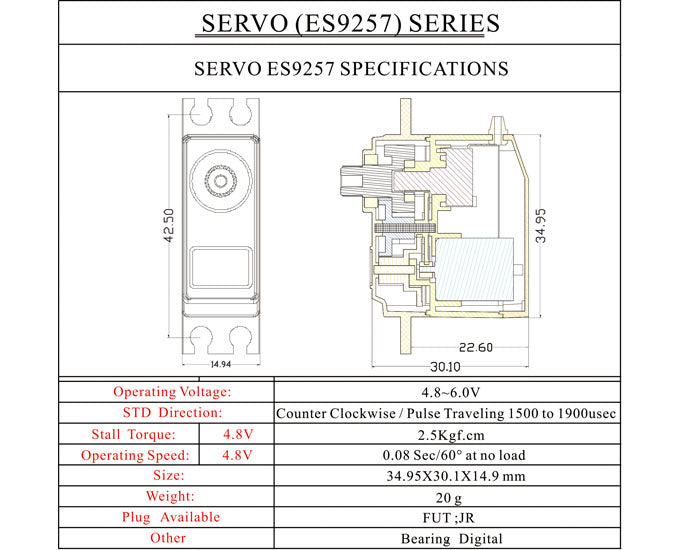 ES9257 rotor tail servo for 450 helicopters official specification page 1