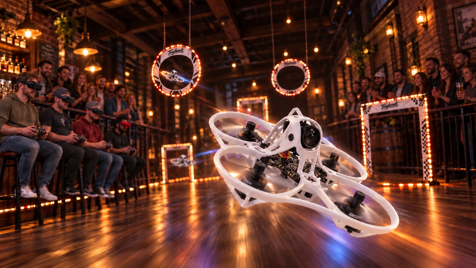 Tinyhawk Aero racing through LED gates in an indoor FPV race